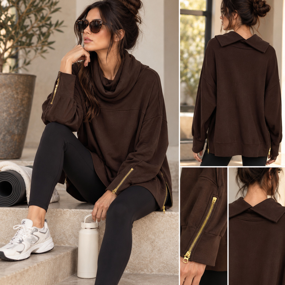 Varley Priya Longline Sweat Sz L Coffee Bean Brown DoubleSoft Cowl Neck Zip